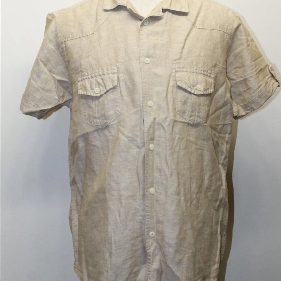 Springfield Men Short Sleeve Shirt Linen Sz Large Beach Brown Natural Summer - Picture 4 of 10